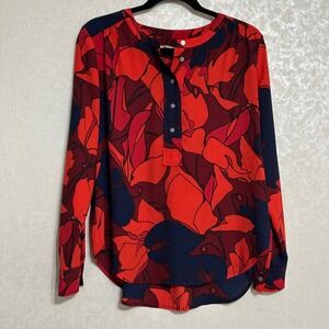 Ann Taylor LOFT Floral Blouse Lightweight Oversized‎ Long Sleeve Red & Blue Sz S